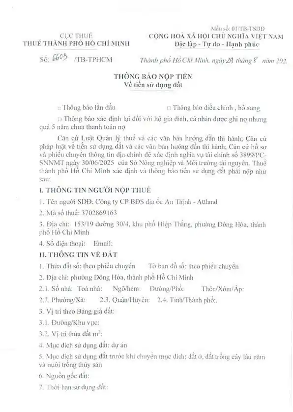 Giấy thông báo đóng xong tiền sử dụng đất dự án Art Stella